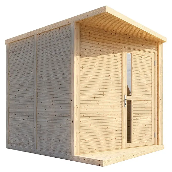 Bertilo Gerätehaus Concept Design - Außenmaß inkl. Dachüberstand (B x T): 237 x 310 cm, Holz, Natur - Holzschuppen mit Tür und Vordach aus hellem Holz mit schlichtem Design für den Garten oder als Stauraum.