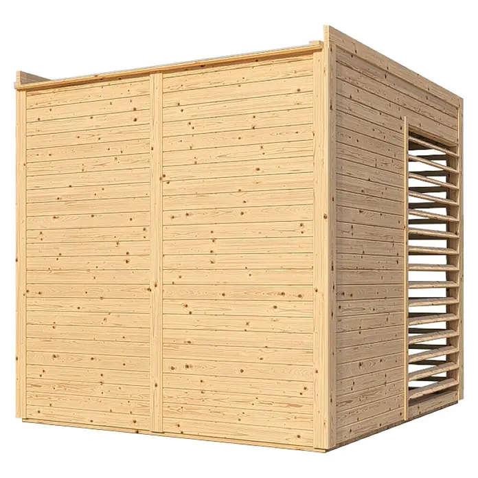 Bertilo Gartenlaube 1 - Außenmaß inkl. Dachüberstand (B x T): 226 x 240 cm, Holz, Natur - Eine hellholzfarbene Gartensauna mit Lamellenfenster für mehr Helligkeit und Belüftung. Sie ist ein modernes Highlight für jeden Garten.