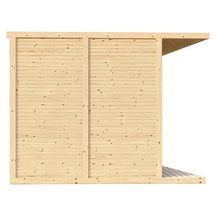 Bertilo Gerätehaus Concept Design - Außenmaß inkl. Dachüberstand (B x T): 237 x 310 cm, Holz, Natur - Ansicht einer Holzstruktur mit Brettern und Latten, die eine natürliche und warme Ästhetik verleihen.