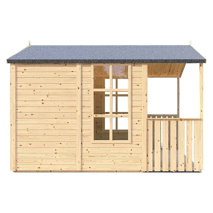 Bertilo Gartenhaus Arley - Außenmaß inkl. Dachüberstand (B x T): 214 x 305 cm, Holz, Natur - Nahaufnahme eines Holzspielhauses mit Fenster und Veranda.