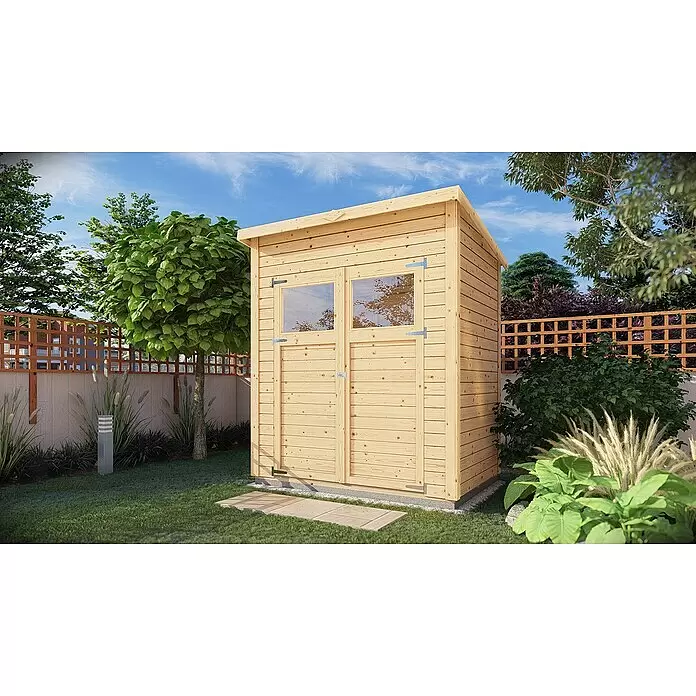 Bertilo Gerätehaus Amrum 1 - Außenmaß inkl. Dachüberstand (B x T): 191 x 139 cm, Holz, Natur - Gartenschuppen aus hellem Naturholz mit Doppeltüren und Fenstern, in einem grünen Garten.