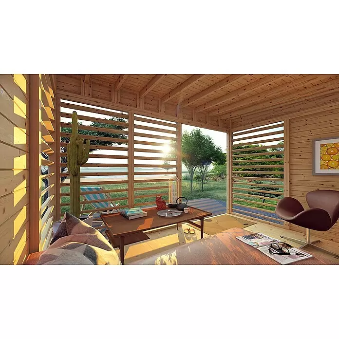 Bertilo Gartenlaube 2 - Außenmaß inkl. Dachüberstand (B x T): 337 x 240 cm, Holz, Natur - Gemütlicher Holzkabinen-Innenraum mit großen Lamellenfenstern und sonnigem Blick auf die Natur.