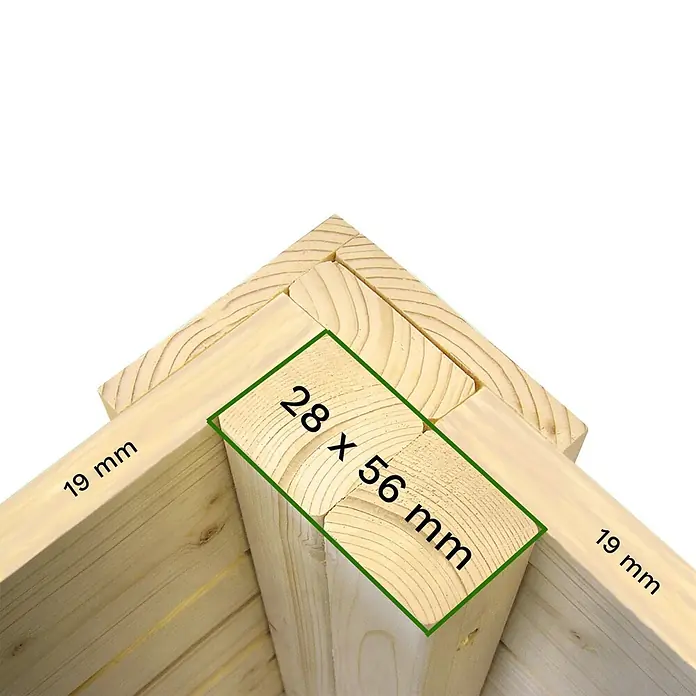 Bertilo Gartenhaus Arley - Außenmaß inkl. Dachüberstand (B x T): 214 x 305 cm, Holz, Natur - Detailaufnahme einer Holzkonstruktion mit den Maßen 28 x 56 mm und 19 mm, die die präzise Verarbeitung des Holzes zeigt.