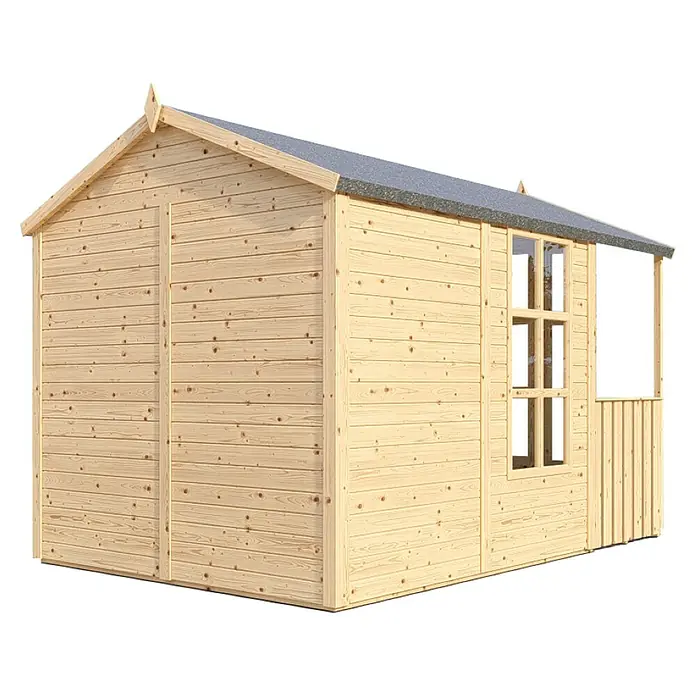 Bertilo Gartenhaus Arley - Außenmaß inkl. Dachüberstand (B x T): 214 x 305 cm, Holz, Natur - Bild eines hellen Holzgartenhauses mit Fenstern und Vordach, ideal für zusätzlichen Stauraum und als Rückzugsort im Garten.