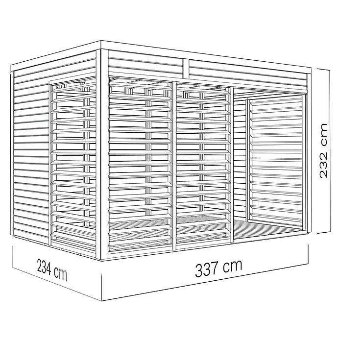 Bertilo Gartenlaube 2 - Außenmaß inkl. Dachüberstand (B x T): 337 x 240 cm, Holz, Natur - Bild einer Holzpergola mit den Maßen 234 x 337 x 232 cm.