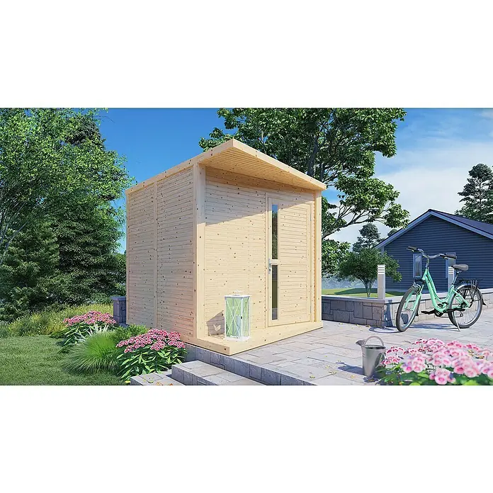 Bertilo Gerätehaus Concept Design - Außenmaß inkl. Dachüberstand (B x T): 237 x 310 cm, Holz, Natur - Das Produkt ist ein Holzschuppen mit einem schlanken Design und einer einladenden Atmosphäre. Er passt perfekt in jeden Garten und bietet Stauraum.