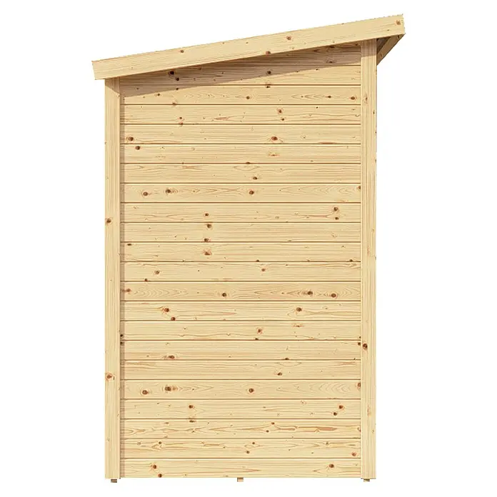 Bertilo Gerätehaus Amrum 1 - Außenmaß inkl. Dachüberstand (B x T): 191 x 139 cm, Holz, Natur - Ansicht einer Holzhütte mit geneigtem Dach und vertikalen Holzleisten, die ein rustikales und natürliches Aussehen verleihen.