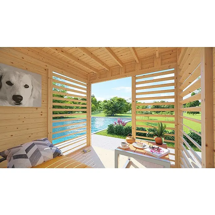 Bertilo Gartenlaube 1 - Außenmaß inkl. Dachüberstand (B x T): 226 x 240 cm, Holz, Natur - Hölzerner Pavillon mit Blick auf einen Pool.