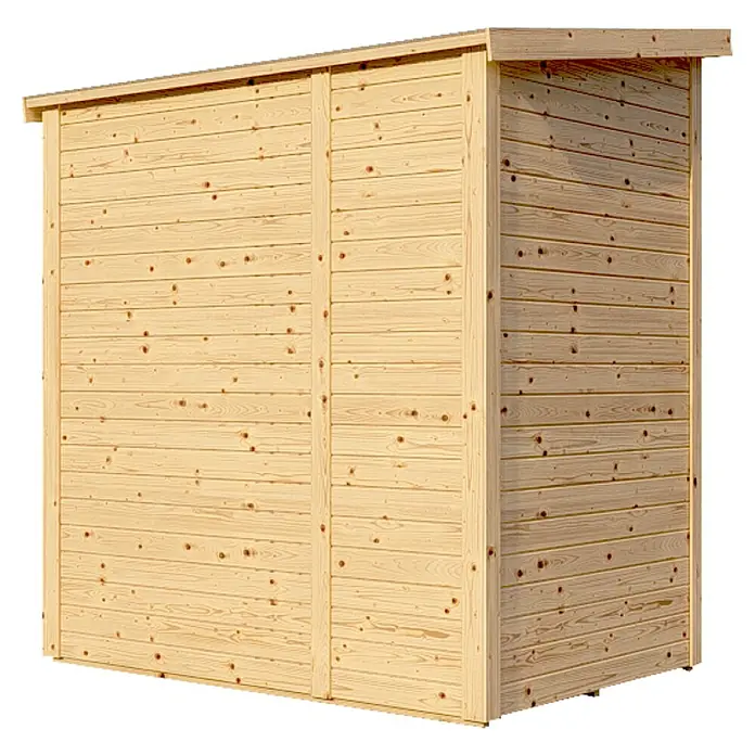 Bertilo Gerätehaus Amrum 1 - Außenmaß inkl. Dachüberstand (B x T): 191 x 139 cm, Holz, Natur - Ansicht eines Holzschuppens, der sich ideal für die Lagerung von Gartengeräten und Werkzeugen eignet. Das Holz ist unbehandelt und bietet Raum für individuelle Gestaltung.