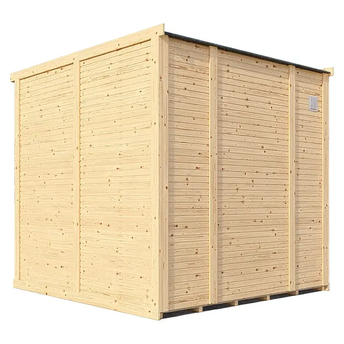Bertilo Gerätehaus Concept Design - Außenmaß inkl. Dachüberstand (B x T): 237 x 310 cm, Holz, Natur - Ein großes, helles Holzhaus, dessen Fassade aus horizontalen Brettern besteht, steht vor einem neutralen Hintergrund.