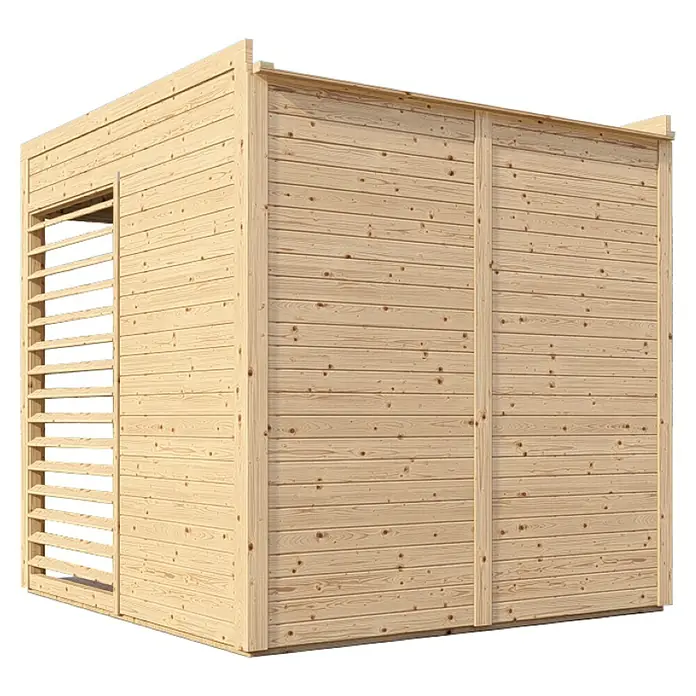 Bertilo Gartenlaube 1 - Außenmaß inkl. Dachüberstand (B x T): 226 x 240 cm, Holz, Natur - Außenansicht eines Holzgartenhauses mit Lamellenfenster. Das Gerätehaus ist aus naturbelassenem Fichtenholz gefertigt und bietet Stauraum.