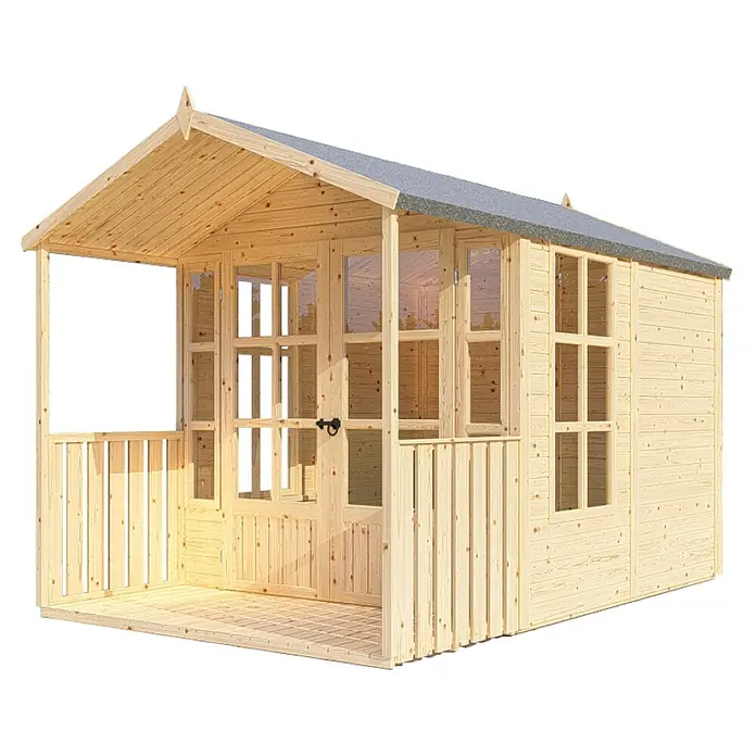 Bertilo Gartenhaus Arley - Außenmaß inkl. Dachüberstand (B x T): 214 x 305 cm, Holz, Natur - Das Bild zeigt ein helles Holzgartenhaus mit Veranda und Fenstern, ideal für entspannte Stunden im Freien. Die Bauweise wirkt stabil und einladend.