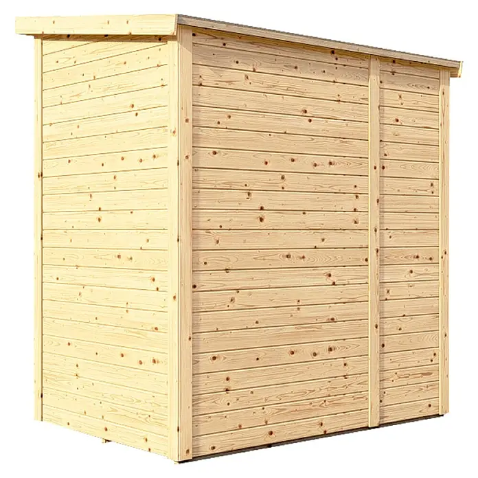 Bertilo Gerätehaus Amrum 1 - Außenmaß inkl. Dachüberstand (B x T): 191 x 139 cm, Holz, Natur - Abbildung eines Holzschuppens mit horizontaler Holzverschalung und schlichtem, funktionalem Design, ideal für die Gartenaufbewahrung.