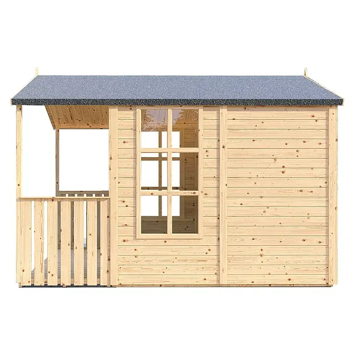 Bertilo Gartenhaus Arley - Außenmaß inkl. Dachüberstand (B x T): 214 x 305 cm, Holz, Natur - Ansicht eines Holzspielhauses mit Fenster und überdachtem Verandabereich. Ideal für kreatives Spielen im Freien.