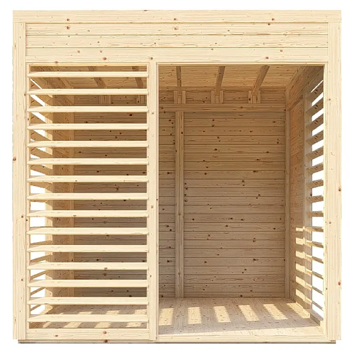 Bertilo Gartenlaube 1 - Außenmaß inkl. Dachüberstand (B x T): 226 x 240 cm, Holz, Natur - Holz-Gartenhaus mit Lamellenwand und offenem Eingang. Das Gartenhaus ist aus hellem Holz gefertigt und bietet einen schattigen Platz im Garten.