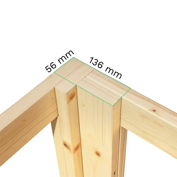 Bertilo Gerätehaus HPL 2 - Außenmaß inkl. Dachüberstand (B x T): 236 x 345 cm, Holz - Nahaufnahme einer hölzernen Ecke mit den Maßen 56 mm und 136 mm, die die Details des Holzrahmens und seine Konstruktion zeigt.