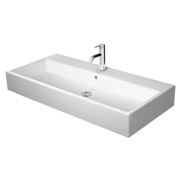 Duravit Vero Air Waschtisch - 100 x 47 cm, Ohne Spezialglasur, Hahnloch: Mitte, Mit Überlauf, Weiß, Ungeschliffen - Elegantes Aufsatzwaschbecken in Weiß mit modernem Wasserhahn, perfekt für stilvolle Badezimmer. Das Waschbecken besticht durch seine klare, rechteckige Form.