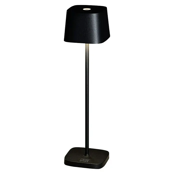Konstsmide Akku-Tischleuchte Capri Mini - 2,2 W, L x B x H: 7 x 7 x 25 cm, Schwarz, Mehrfarbig, Akkubetrieben - Elegante schwarze Tischleuchte von Konstsmide. Die Lampe hat einen Schirm und einen quadratischen Fuß. Das Licht scheint von oben.