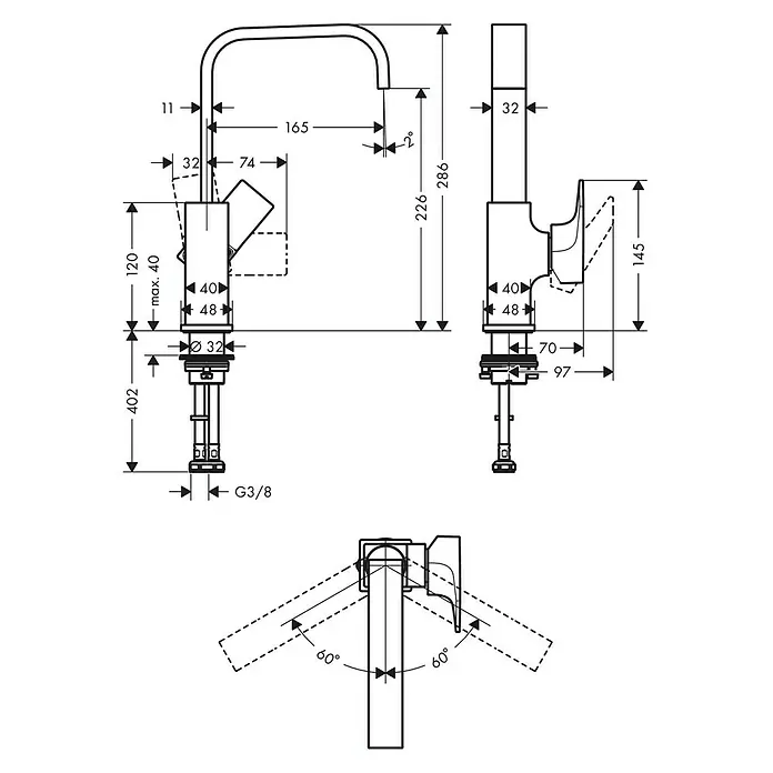 Hansgrohe Metropol Waschtischarmatur 230 - Chrom, Glänzend - Eine technische Zeichnung einer Armatur mit allen Maßen.