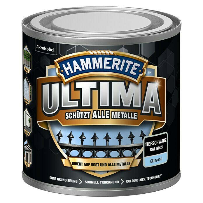 Hammerite Metall-Schutzlack ULTIMA (RAL 9005, Tiefschwarz, 250 ml, Glänzend)