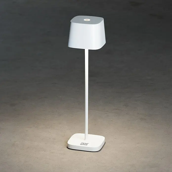 Konstsmide Akku-Tischleuchte Capri Mini - 2,2 W, L x B x H: 7 x 7 x 25 cm, Weiß, Mehrfarbig, Akkubetrieben - Elegante weiße Tischleuchte, die ein warmes, einladendes Licht spendet und jedem Raum einen Hauch von modernem Design verleiht.