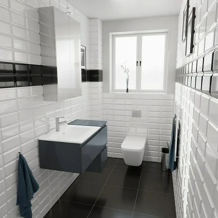 Camargue Espacio Badmöbel-Set H35 - 90 cm, Gama anthrazit glänzend - Modernes Badezimmer mit glänzenden schwarzen Fliesenboden und einem eleganten grauen Waschtisch mit eingelassenem Waschbecken.