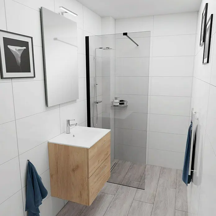 Camargue Espacio Badmöbel-Set E15 - 60 cm, Doce - Badezimmer-Interieur mit stilvollem Waschtischunterschrank in Holzoptik, modernem Duschbereich und minimalistischer Dekoration für ein elegantes Ambiente.