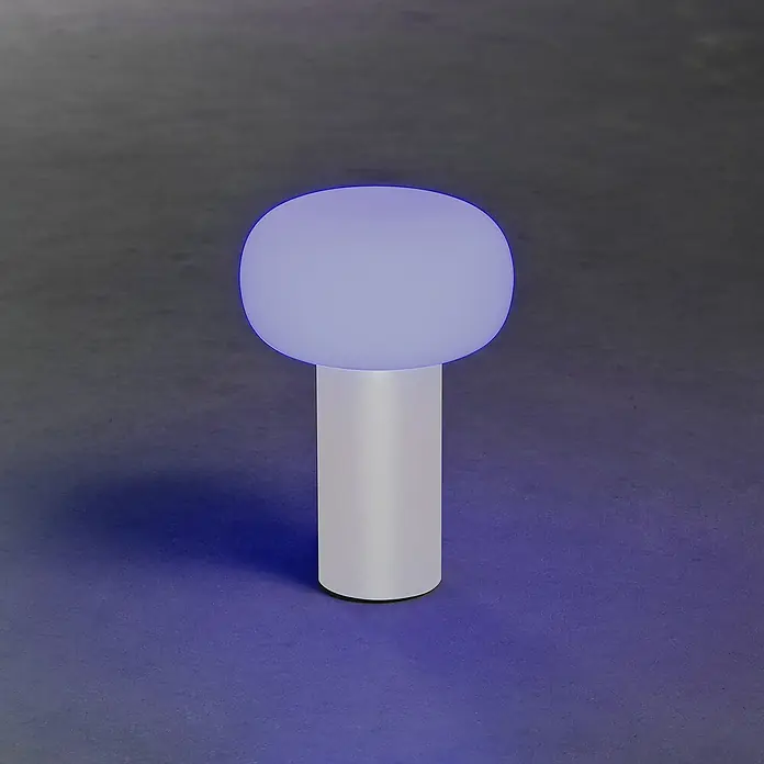 Konstsmide Akku-Tischleuchte Antibes - 2,5 W, L x B x H: 13 x 13 x 19 cm, Weiß, Mehrfarbig - Elegante Tischleuchte mit pilzförmigem Schirm in sanftem Violett, perfekt für stimmungsvolle Beleuchtung. Modernes Design für jedes Interieur.