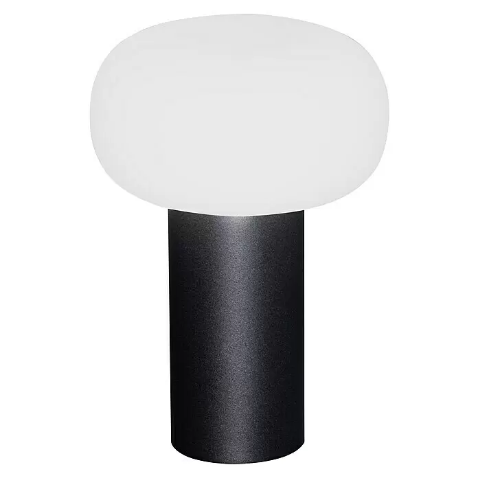 Konstsmide Akku-Tischleuchte Antibes - 2,5 W, L x B x H: 13 x 13 x 19 cm, Schwarz, Mehrfarbig - Moderne Lampe mit weißem elliptischem Diffusor und dunkelgrauem zylindrischem Sockel.