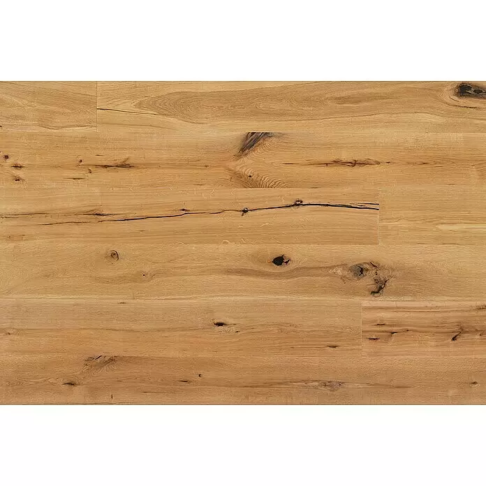 Parkett Eiche Wien - Eiche Wien, Landhausdiele, 1.250 x 190 x 14 mm - Hellbraune Holzparkettbretter mit ausgeprägter Maserung, natürlichen Ästen und dunklen Rissen.