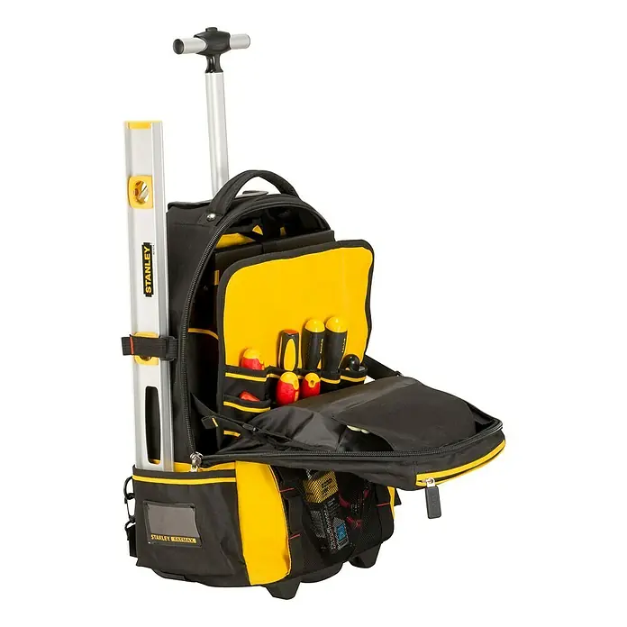 Stanley FatMax Mochila para herramientas - Nylon, Negro/Amarillo, No incluye herramientas - Mochila de herramientas con ruedas Stanley Fatmax, equipada con varias herramientas, ideal para artesanos.