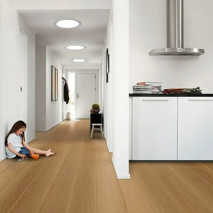 Velux Tageslicht-Spot TWR OK14 SDOW1 - Dachneigung: 15 ° - 60 ° - Helles Interieur mit Fokus auf energiesparenden Tageslichtspots in der Decke, die eine natürliche Beleuchtung des Raumes ermöglichen.