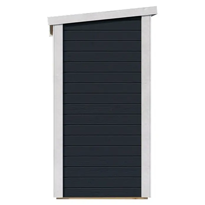 Bertilo Geräteschrank Multibox 3 - Anthrazitgrau - Detailansicht einer dunkelblauen Holzwand mit weißen Zierleisten, die die saubere Verarbeitung und das moderne Design des Produkts hervorhebt.