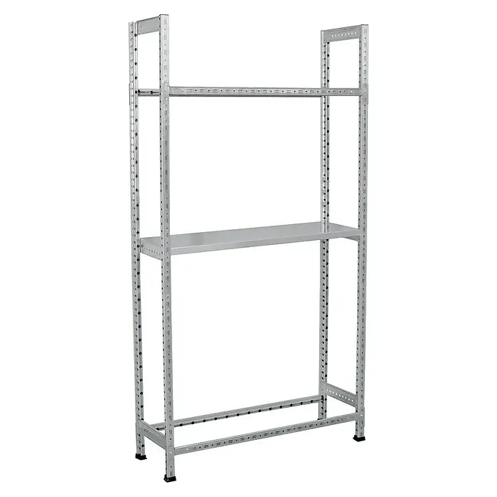 Scholz System Reifenregal Grundelement Profi - H x B x T: 192 x 105 x 32 cm, Traglast pro Boden: 100 kg, Anzahl Böden: 1 Stk., Stecken, Silber - Detailaufnahme eines praktischen, grauen Schwerlastregals mit Regalböden zur Lagerung von Gegenständen. Perfekt für Werkstatt, Garage oder Lagerraum.