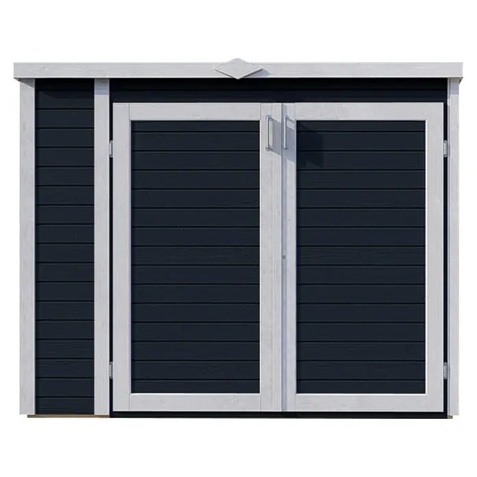 Bertilo Geräteschrank Multibox 3 - Anthrazitgrau - Nahaufnahme eines Gartenhauses mit Doppeltür und weißem Rahmen, das rustikal und einladend wirkt. Perfekt für die Gartengeräte.