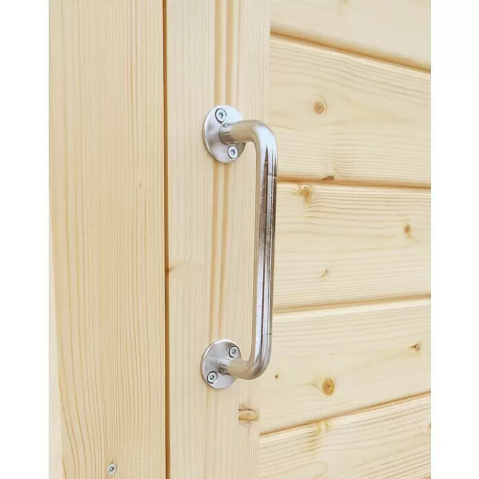 Bertilo Geräteschrank Multibox 3 - 82 x 200 x 163 cm, Natur - Silberfarbener Metall-Griff an einer hellen Holztür oder einem Schrank.
