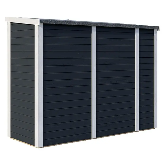 Bertilo Geräteschrank Multibox 3 - Anthrazitgrau - Dieses Bild zeigt ein modernes Gartenhaus mit einem schwarzen Holzrahmen und weißen Akzenten. Das Gartenhaus bietet praktischen Stauraum im Freien.