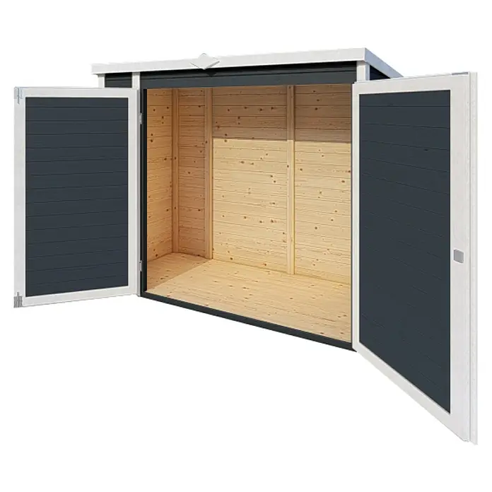 Bertilo Geräteschrank Multibox 3 - Anthrazitgrau - Offener Gartenschuppen mit doppelten Türen, der Einblick in den Holzinnenraum gewährt. Das Äußere ist in einem dunklen Farbton gehalten.