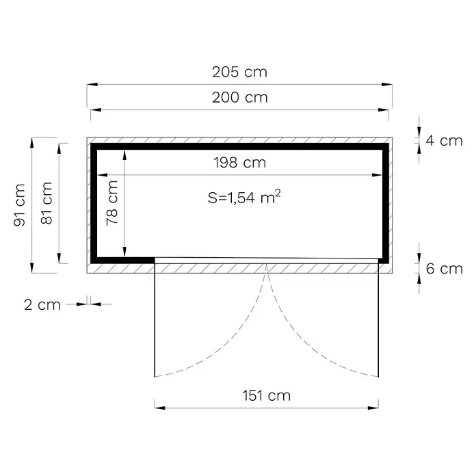 Bertilo Geräteschrank Multibox 3 - Anthrazitgrau - Skizze eines Raumes mit den Maßen 205 x 91 cm, der eine Fläche von 1,54 m² hat, inklusive Türöffnung von 151 cm Breite.