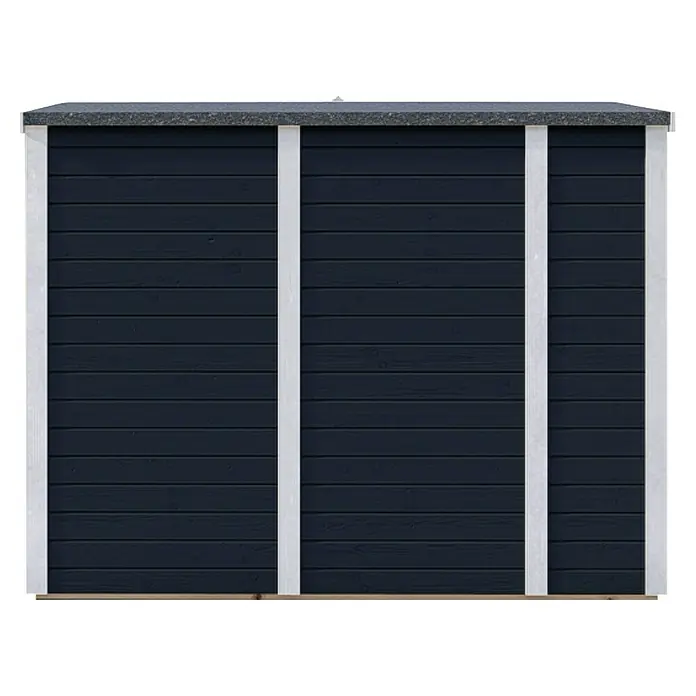 Bertilo Geräteschrank Multibox 3 - Anthrazitgrau - Ansicht einer dunkelblauen Blockhütte mit weißem Rahmen und einem grauen Dach, die eine moderne und schlichte Ästhetik aufweist.