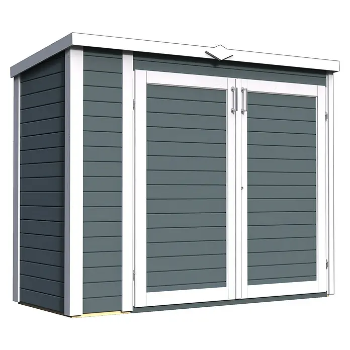 Bertilo Geräteschrank Multibox 3 - Anthrazitgrau - Ein geräumiges Gartenhaus in Grau mit Doppeltüren und weißem Rahmen, ideal für die Aufbewahrung von Gartengeräten und -möbeln im Freien.