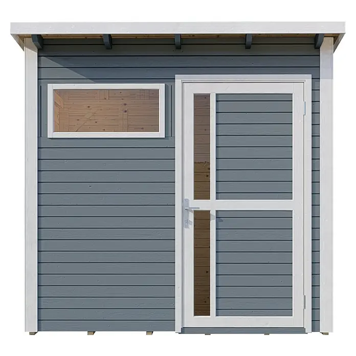 Bertilo Gerätehaus Pentus 1 - Außenmaß inkl. Dachüberstand (B x T): 246 x 143 cm, Holz, Hellgrau - Ein graues Gartenhaus mit weißem Rahmen um Tür und Fenster, das einen Einblick ins Innere gewährt. Ideal für die Gartenaufbewahrung.