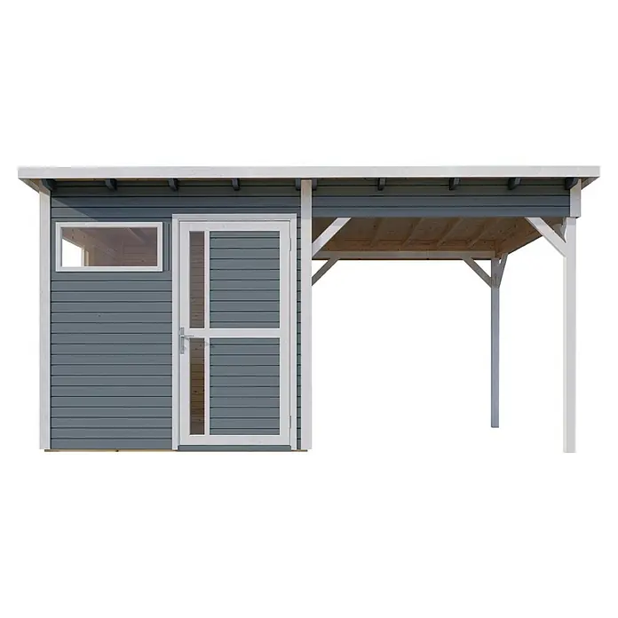 Bertilo Gerätehaus Pentus 2 Lounge - Außenmaß inkl. Dachüberstand (B x T): 470 x 265 cm, Holz, Hellgrau, Weiß - Dieses Bild zeigt ein Gartenhaus mit einem kleinen Fenster und einer Tür mit einem halben Fenster daneben, sowie einem Unterstand auf der rechten Seite.