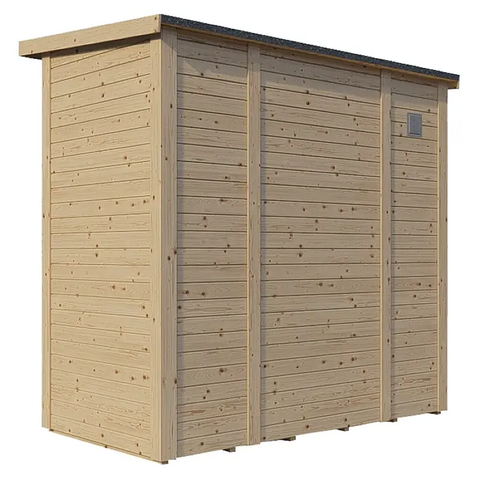 Bertilo Gerätehaus Pentus 1 - Außenmaß inkl. Dachüberstand (B x T): 246 x 143 cm, Holz, Natur - Abbildung eines hellen Holzgartenschuppens mit horizontaler Verkleidung und einem kleinen Lüftungsgitter.