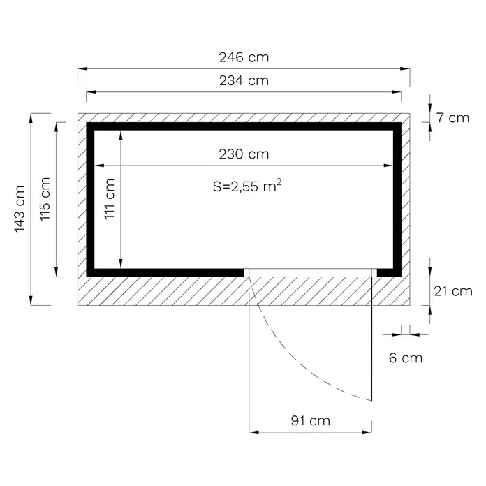 Bertilo Gerätehaus Pentus 1 - Außenmaß inkl. Dachüberstand (B x T): 246 x 143 cm, Holz, Natur - Grundriss eines Raumes mit Tür, Bemaßungen und Flächenangabe. Ideal für Architekten oder Bauherren.