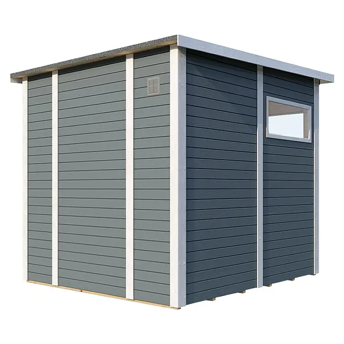 Bertilo Gerätehaus Pentus 2 - Außenmaß inkl. Dachüberstand (B x T): 247 x 265 cm, Holz, Hellgrau - Abbildung eines grauen Gartenhauses mit weißen Zierleisten und einem kleinen Fenster.