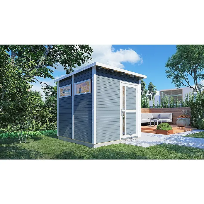 Bertilo Gerätehaus Pentus 2 - Außenmaß inkl. Dachüberstand (B x T): 247 x 265 cm, Holz, Hellgrau - Das moderne Gartenhaus mit weißen Akzenten bietet vielseitigen Stauraum und fügt sich perfekt in jeden Garten ein. Die Fenster sorgen für Helligkeit.
