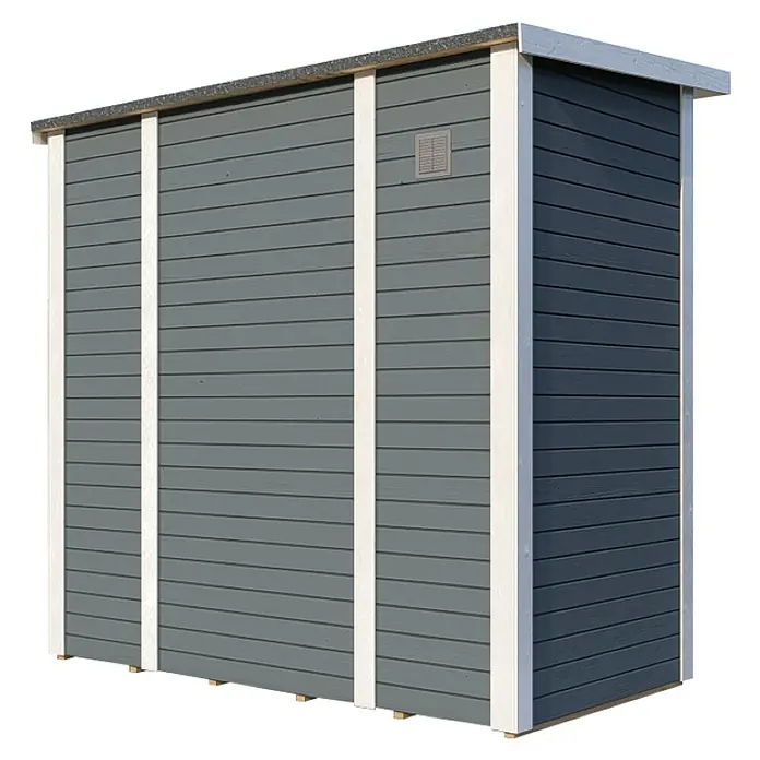 Bertilo Gerätehaus Pentus 1 - Außenmaß inkl. Dachüberstand (B x T): 246 x 143 cm, Holz, Hellgrau - Ein graues Gerätehaus mit weißen Akzenten. Das Gartenhaus bietet Stauraum und ist ein Blickfang im Garten.