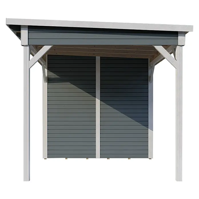 Bertilo Gerätehaus Pentus 2 Lounge - Außenmaß inkl. Dachüberstand (B x T): 470 x 265 cm, Holz, Hellgrau, Weiß - Das Bild zeigt einen Carport mit grauem Holz und weißem Rahmen. Das schräge Dach bietet Schutz vor Wettereinflüssen.
