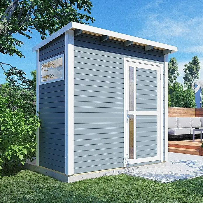 Bertilo Gerätehaus Pentus 1 - Außenmaß inkl. Dachüberstand (B x T): 246 x 143 cm, Holz, Hellgrau - Modernes Gartenhaus mit horizontaler Holzverkleidung und Fenster, ideal für die Aufbewahrung von Gartengeräten und Zubehör.